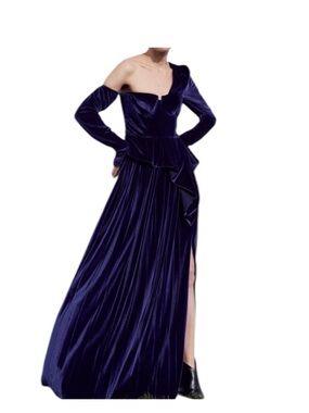 Self-Portrait One-Shoulder Navy Velvet Evening Gown